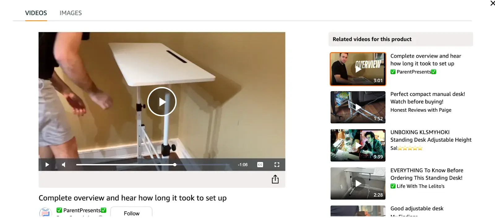ecommerce marketing video: video review of standing desk on amazon