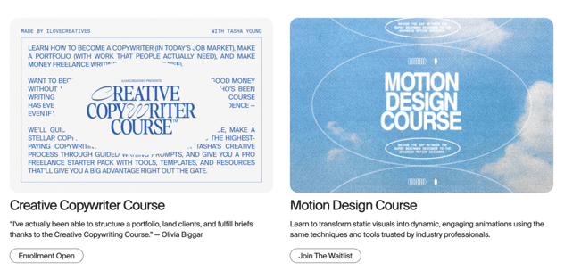 a screenshot of ilovecreativescourses for creative copywriting and motion design