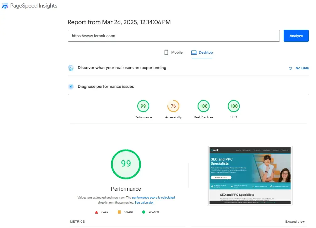 screenshot from google page insights shows how page speed, which is critical for good websites, can be measured.