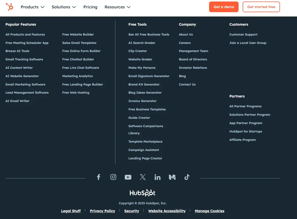 hubspot’s footer is excellently done, with social media icons in the footer.