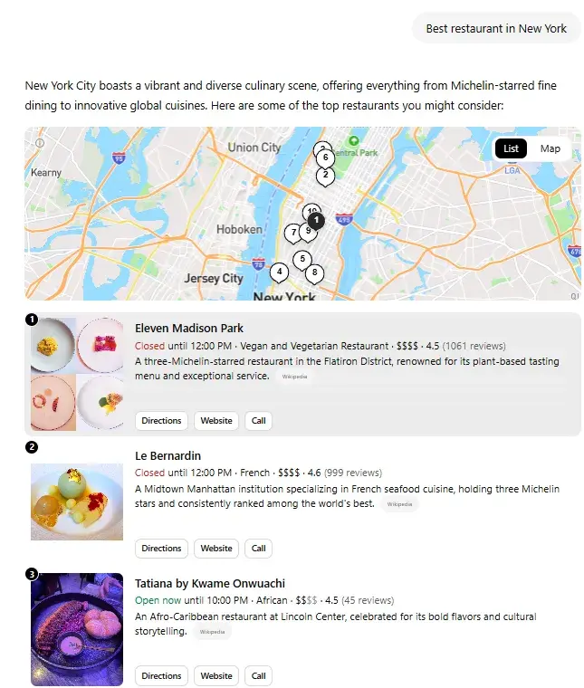 screenshot from generative search engine, chatgpt shows a map view with the best restaurants in new york.