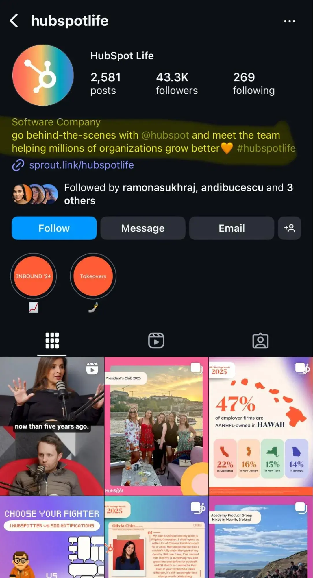 a screenshot of the @hubspotlife instagram account