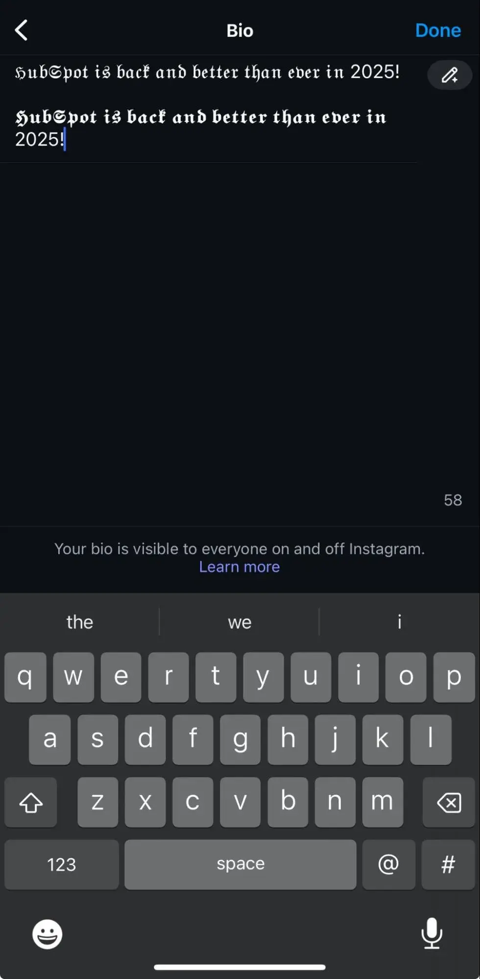 a screenshot demoing how to use add unique fonts to an instagram account bio