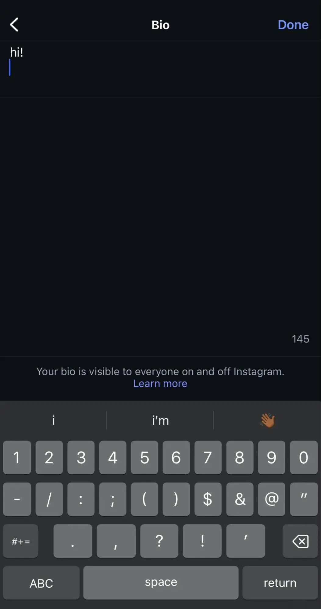 a screenshot of an instagram bio with ‘hi’ typed into it