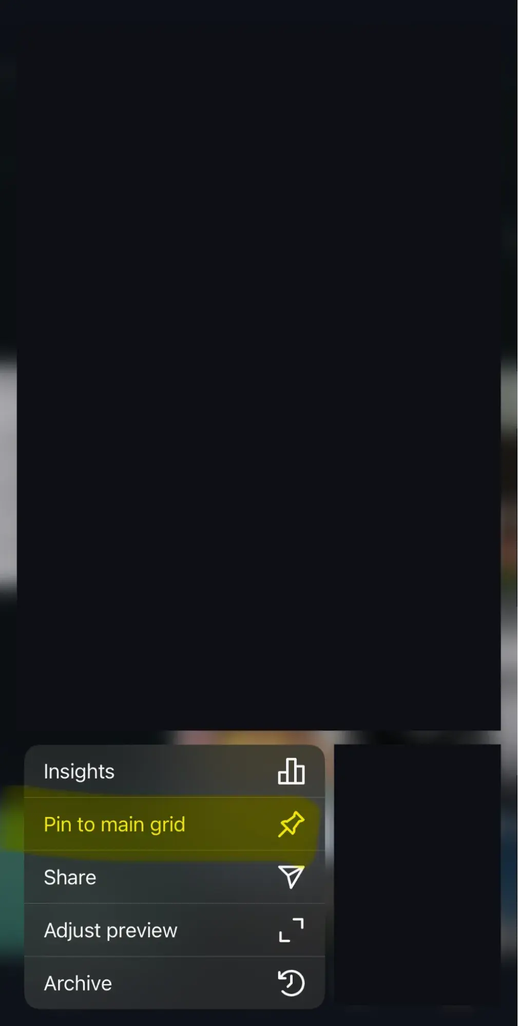  a screenshot demonstrating how to pin a post to the top of an instagram account grid