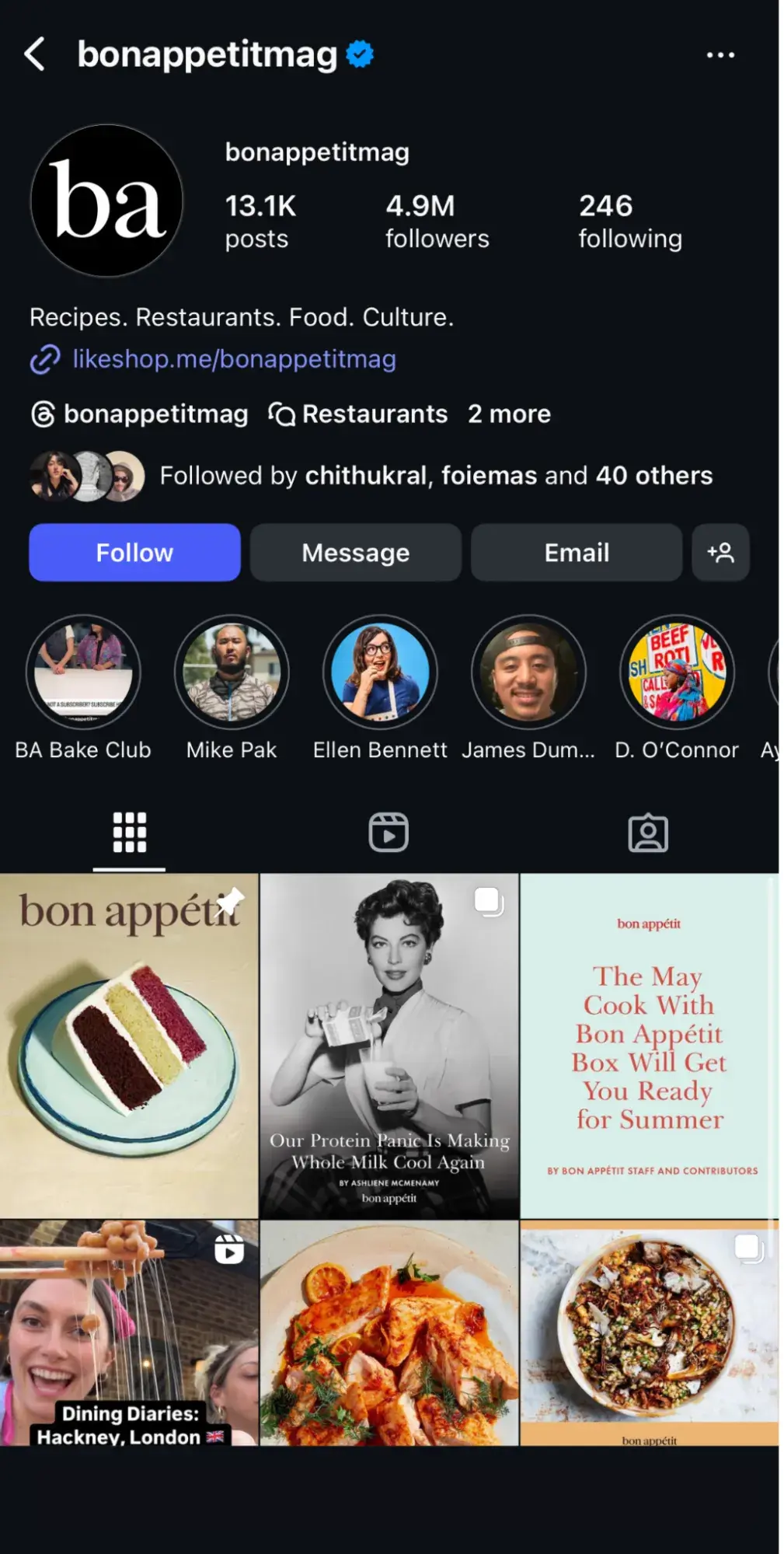 a screenshot of the @bonappetitmag instagram page