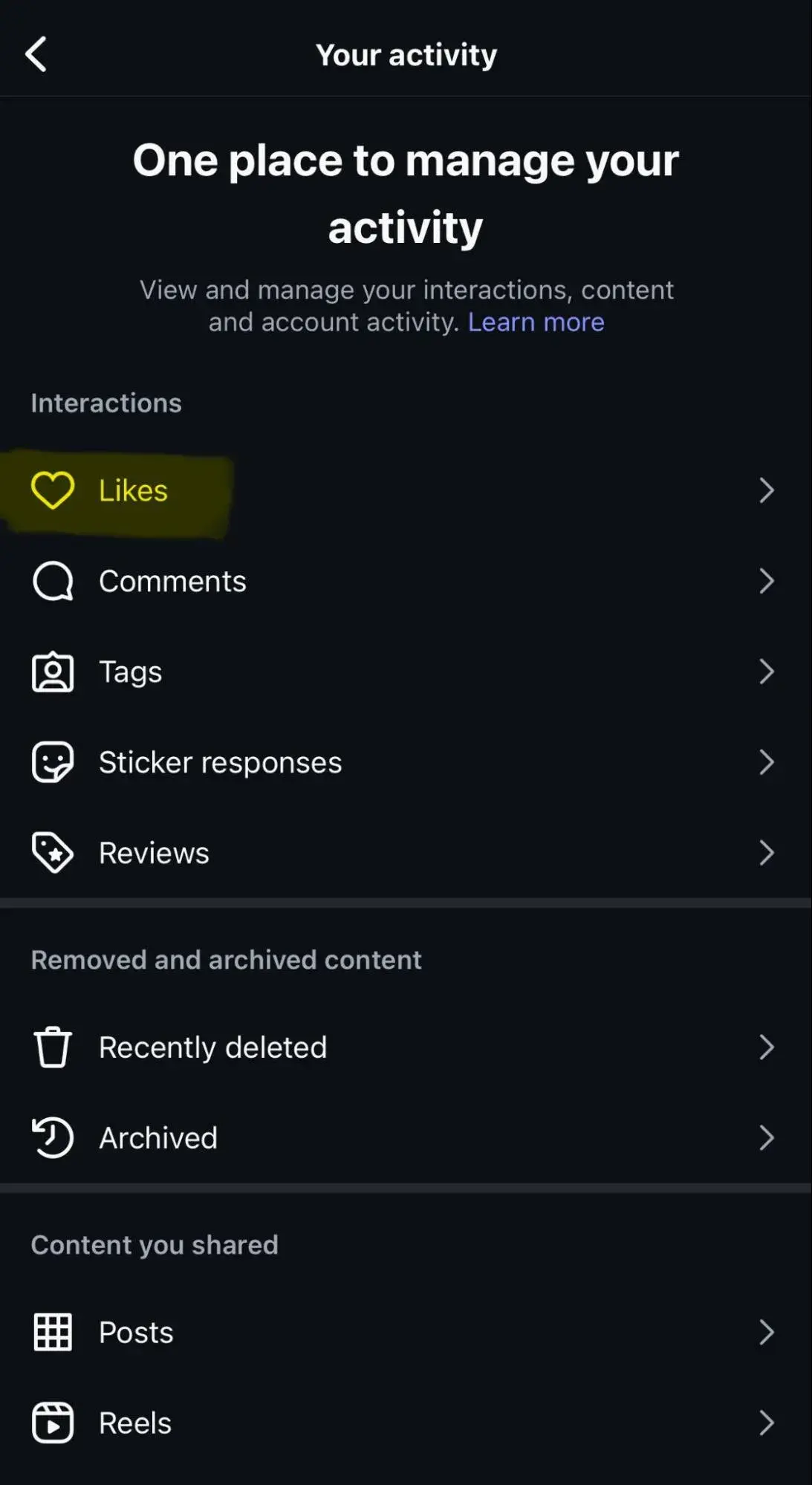 a screenshot of the activity settings on instagram.com