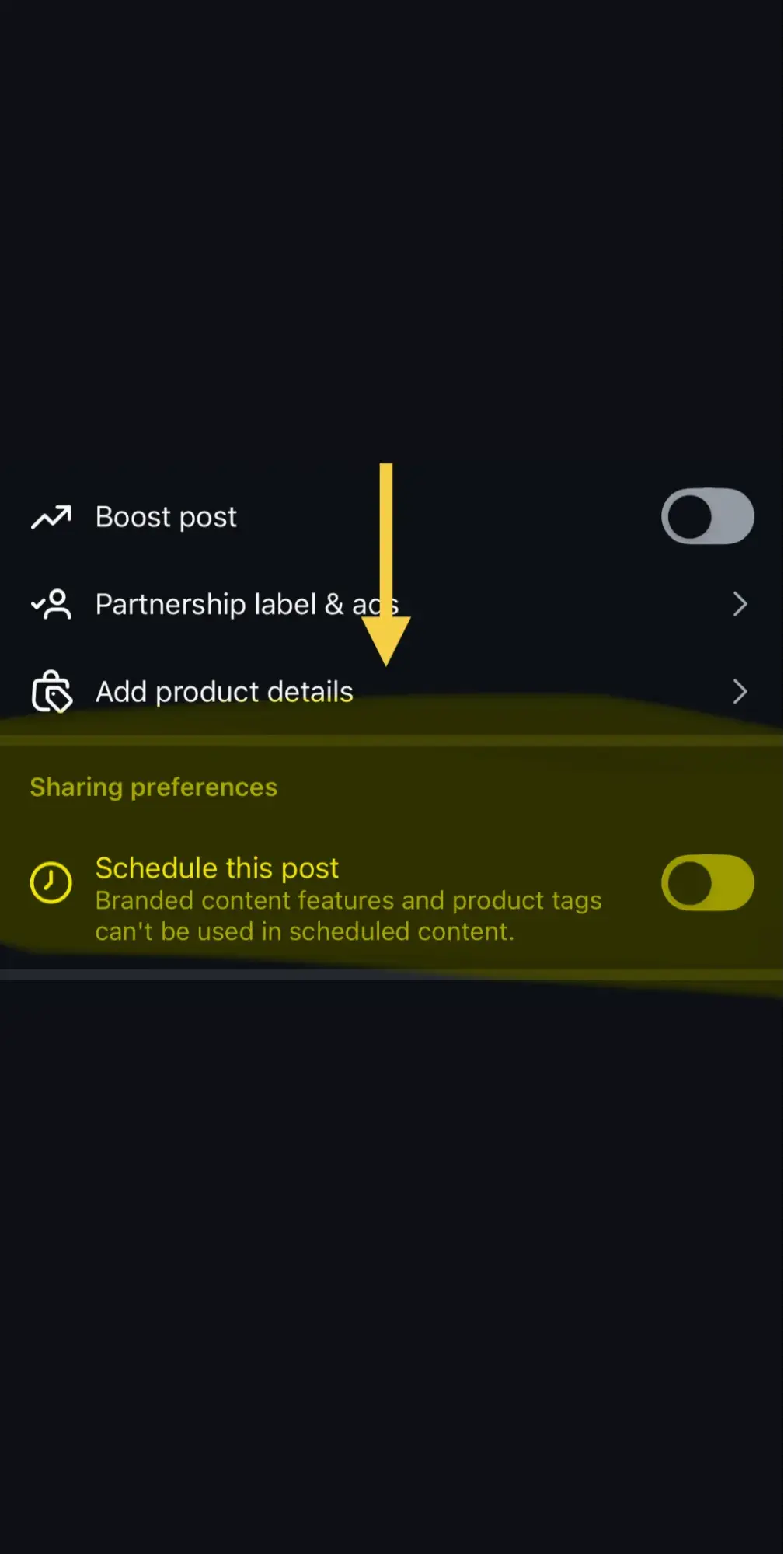 a screenshot showcasing how to find the schedule post option when posting on instagram