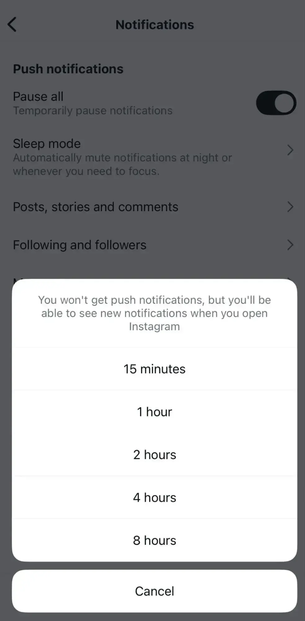 a screenshot showcasing how to mute push notifications on instagram