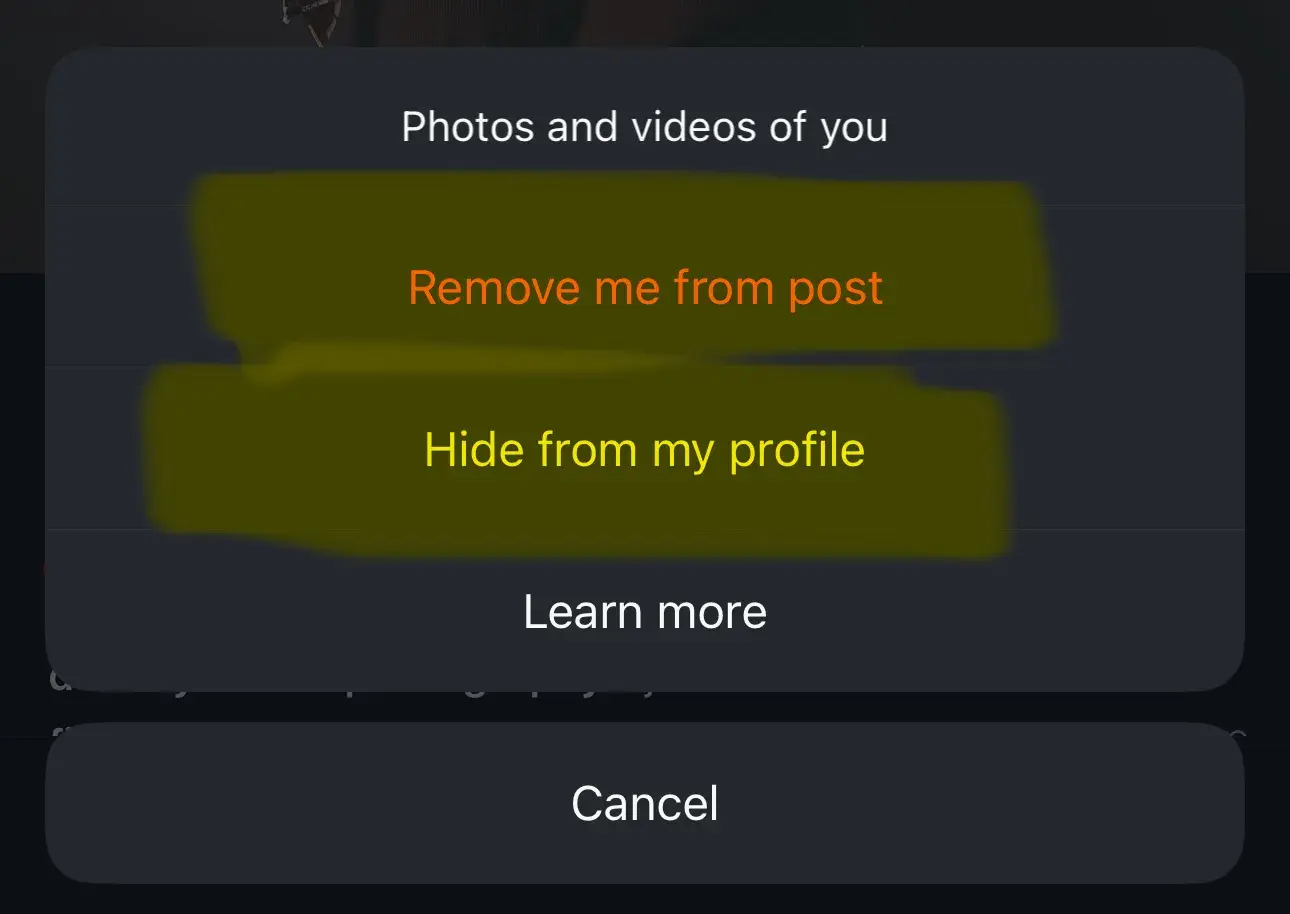 a screenshot showcasing how to remove or hide tagging on an instagram post