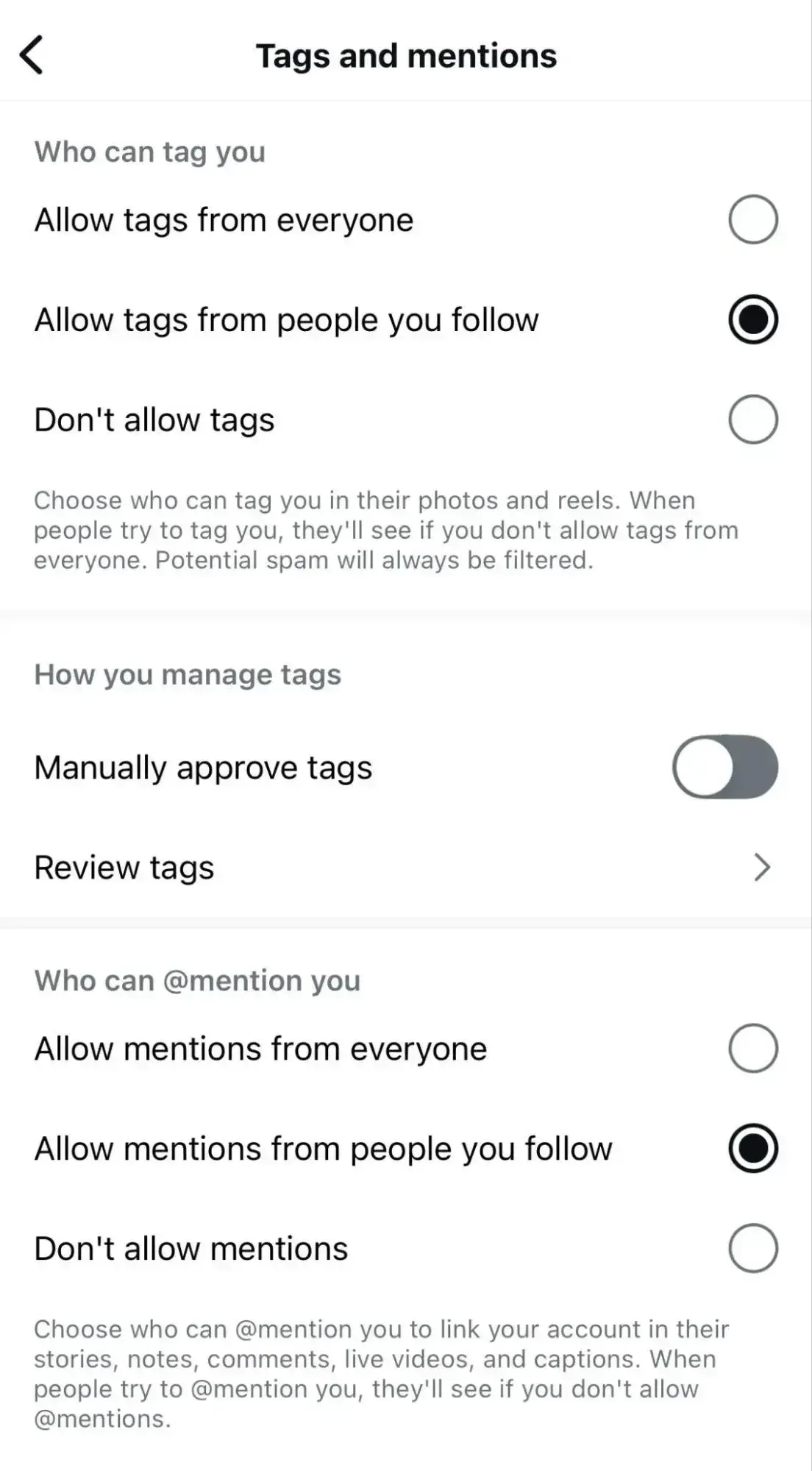 a screenshot showcasing how to manage tagging on posts on instagram