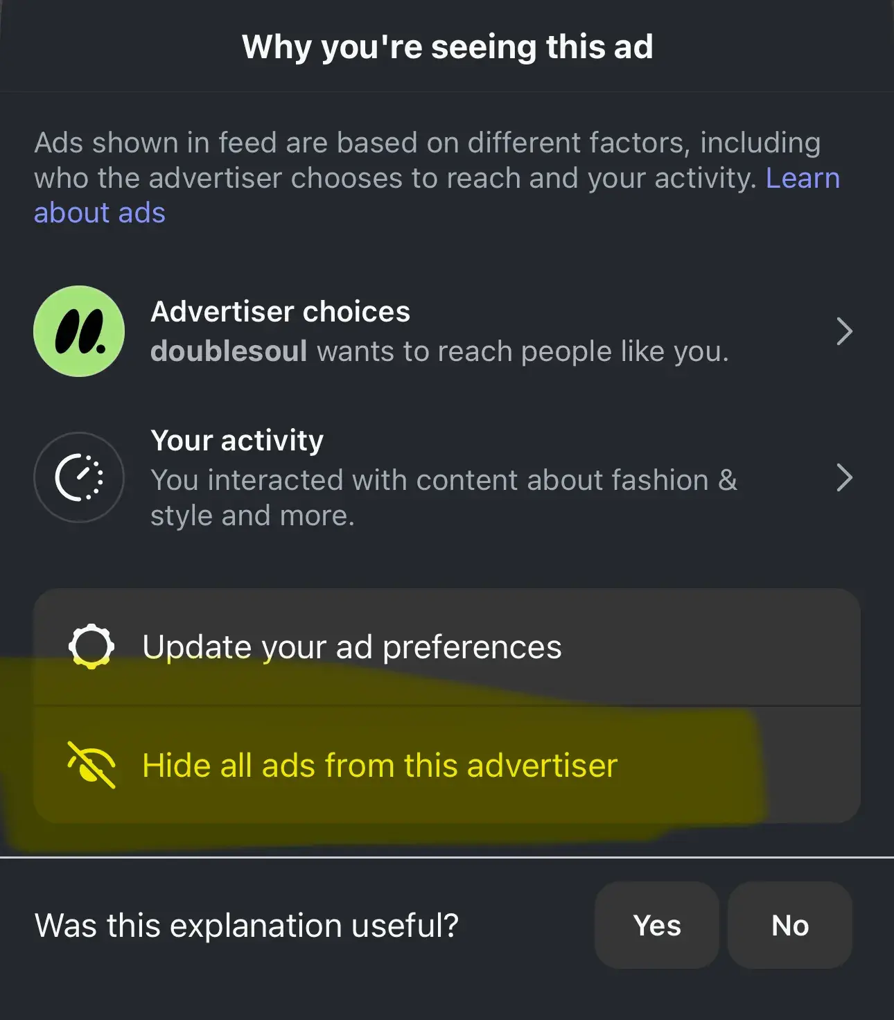 a screenshot showcasing how to hide a sponsored post on instagram