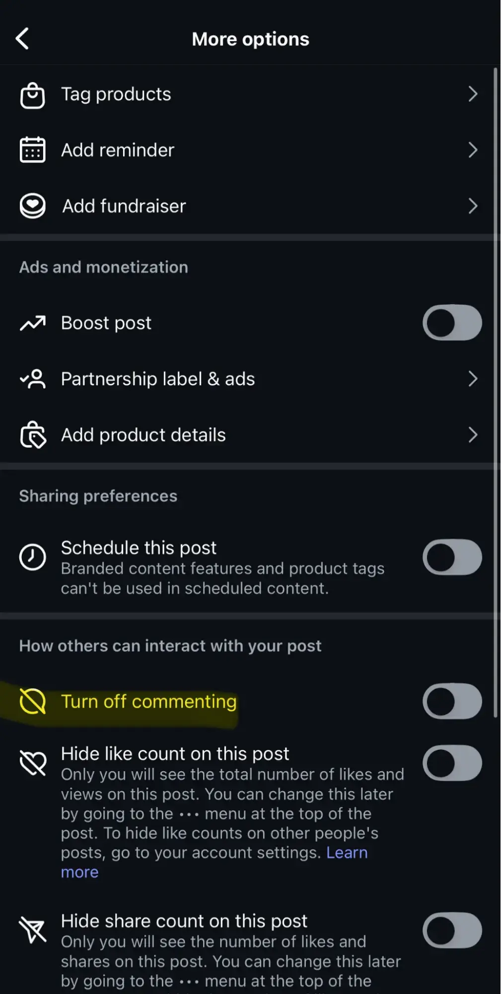 a screenshot demonstrating how to disable comments through advanced instagram settings