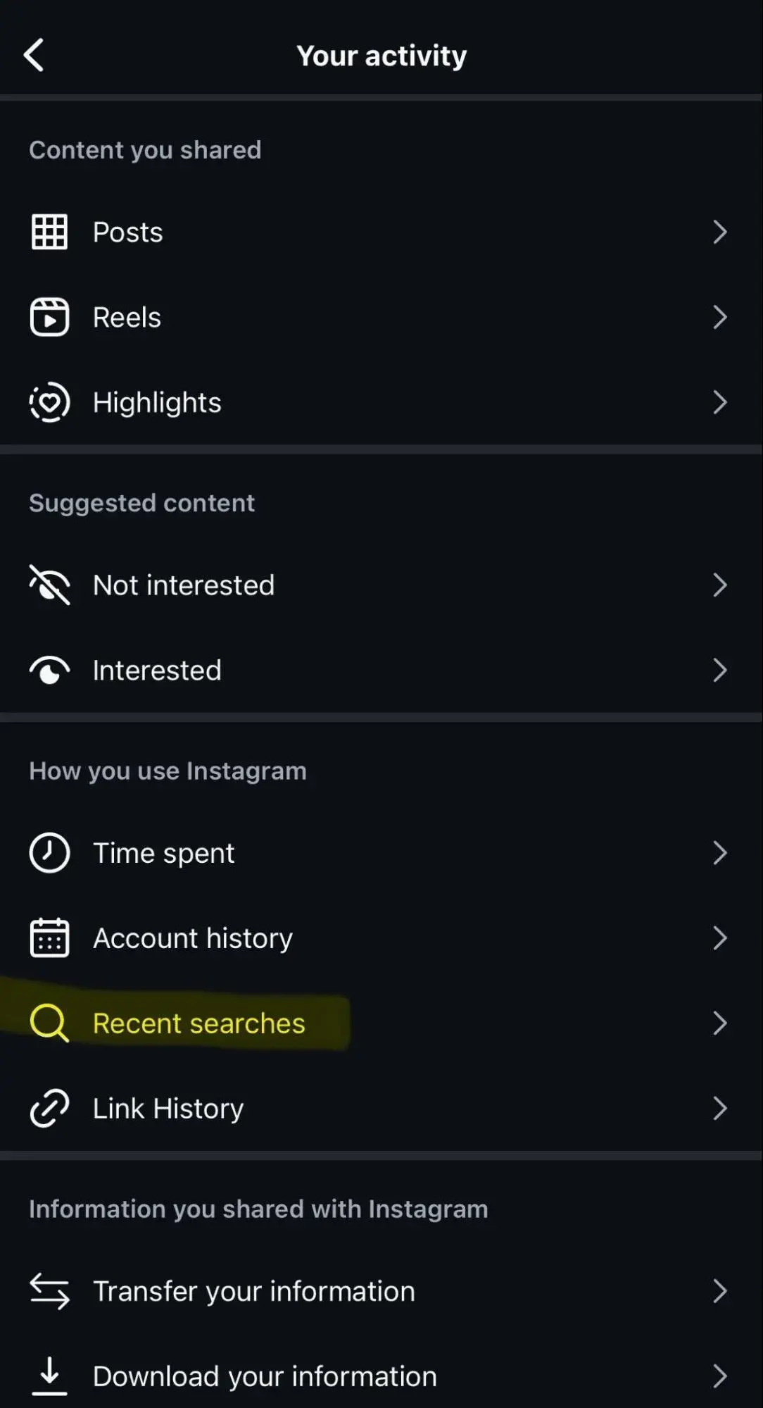 a screenshot demonstrating how to clear search history through advanced instagram settings