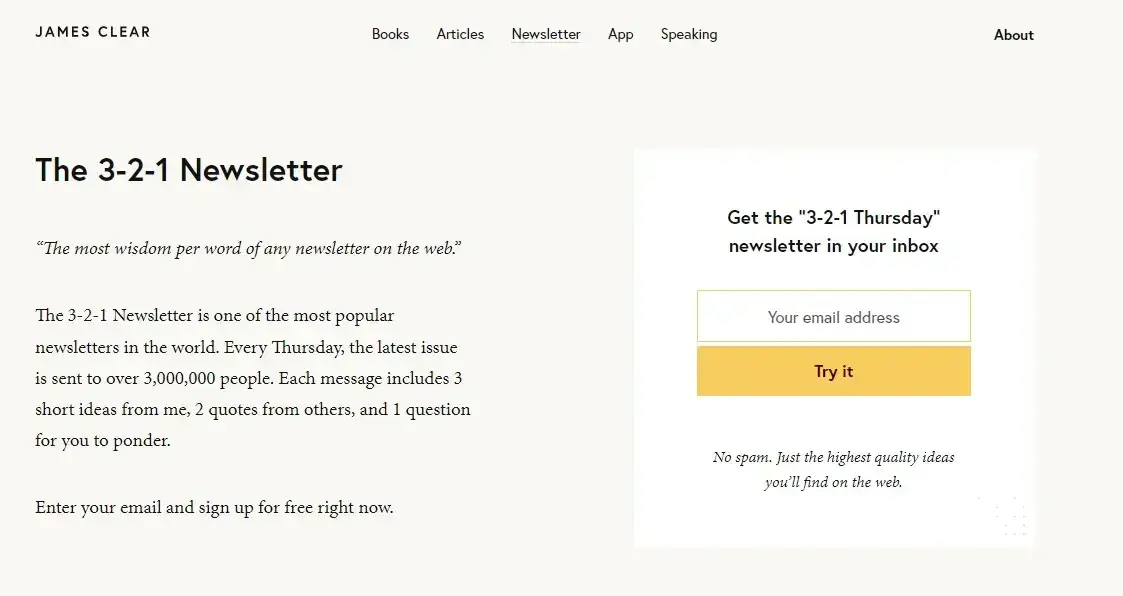 landing page examples: 3-2-1 newsletter